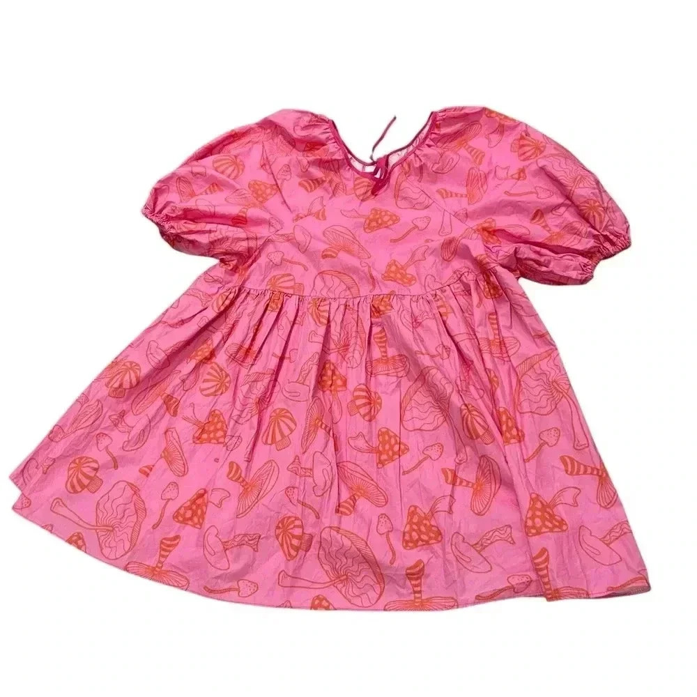 Grey Milk Boxy Smock Pink Mushroom Print Cottagecore Dress Oversized Size Med